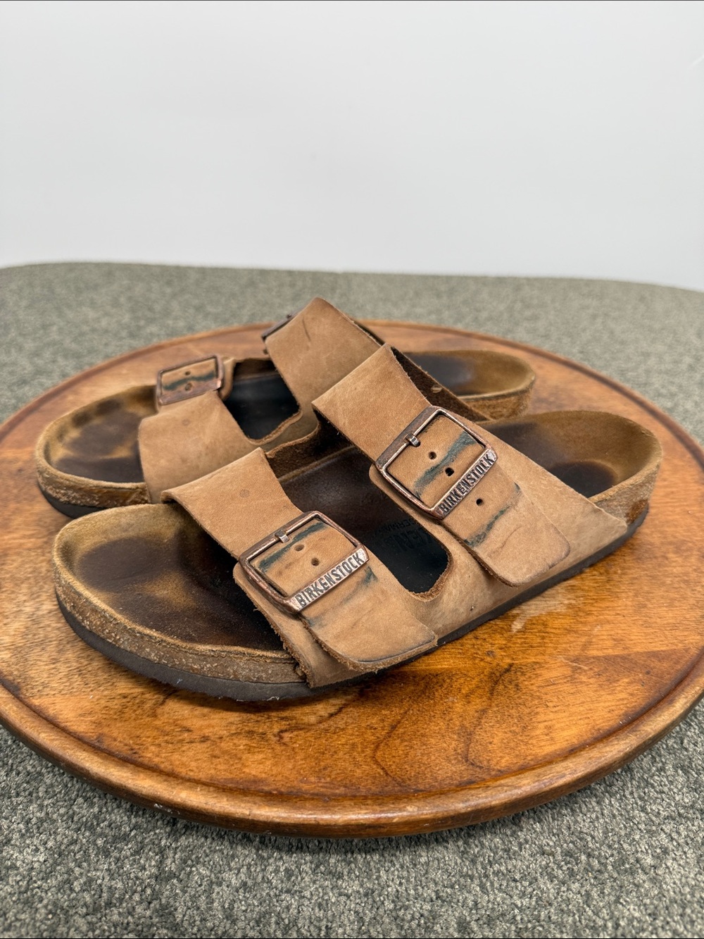 Birkenstock Sandals 39 Wm 8 Mens 6 Brown Leather Arizona Slide Two Strap *Flaws
